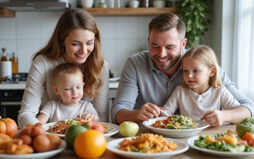 Boldog család közösen étkezik, egészséges ételekkel