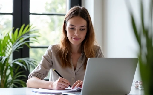 Fiatal nő laptop előtt ülve, jegyzetel, miközben online konzultáción vesz részt